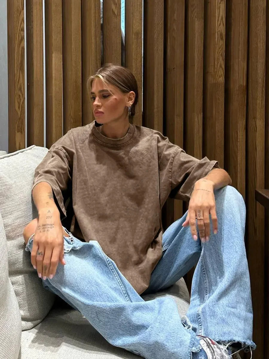Comfortable Cotton Washed T-Shirt Fashion Women O-Neck Oversized Solid Short Sleeve Street Hip Hop Female Clothes Casual Tops