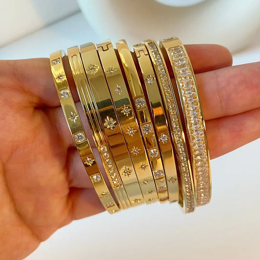 Shiny & Stylish: Customizable Waterproof Cubic Zirconia Bangles for Women - Tarnish-Free Stainless Steel! 🌟✨